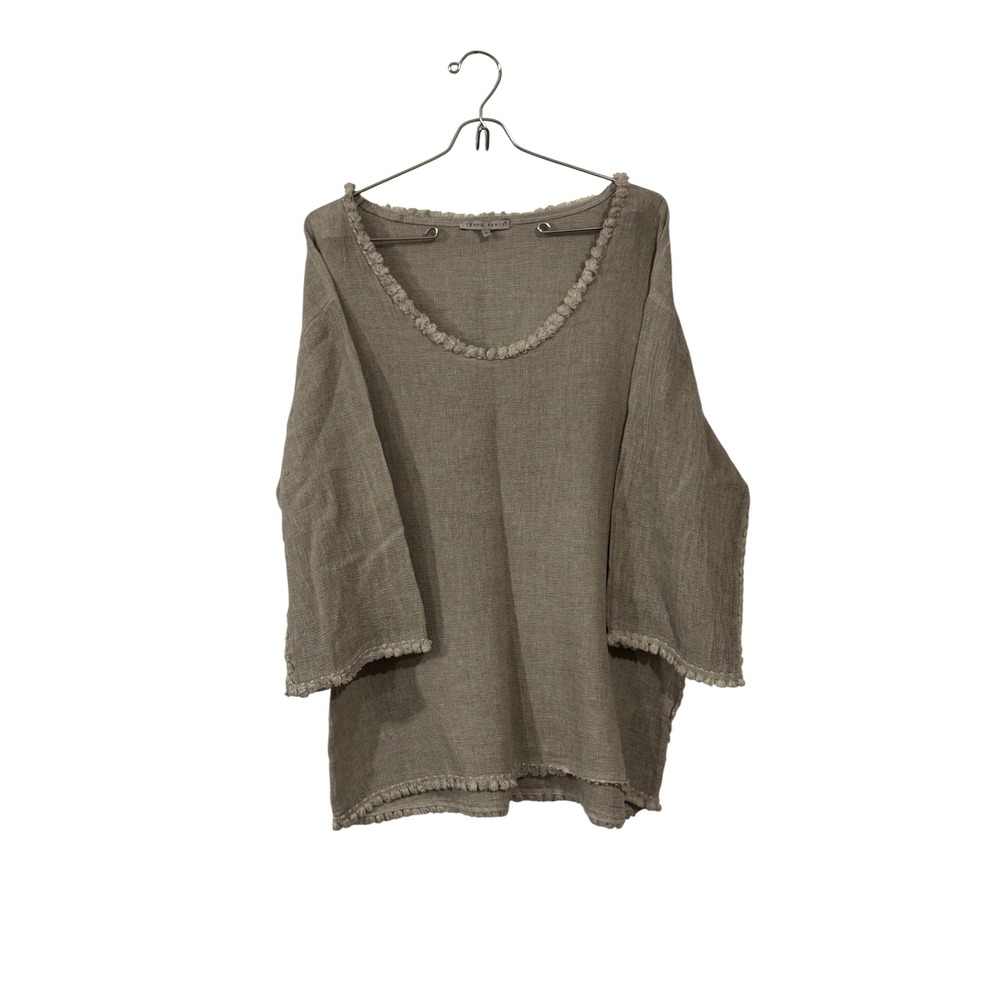 Tempo Paris Linen Cotton Blend Fringe Trim Top Gray Made in Italy Sz L Art 377E